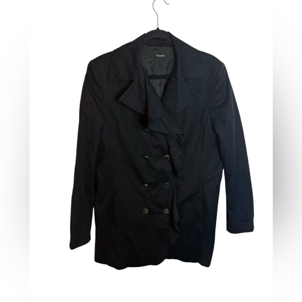 Tahari Black Double Breasted Ruffle Coat